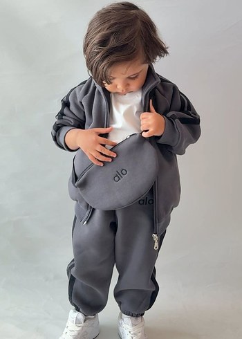 Gri unisex Çocuk Bol Kesim Sweatpant ve Üst - Görsel 2