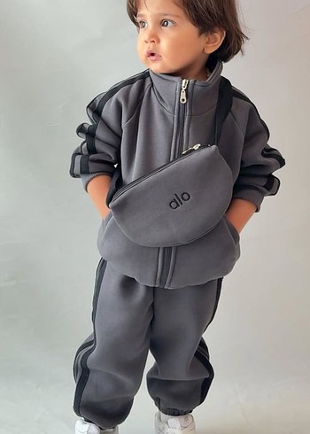 Gri unisex Çocuk Bol Kesim Sweatpant ve Üst - Görsel 4