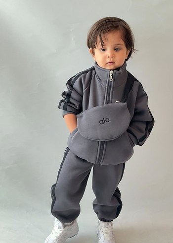 Gri unisex Çocuk Fermuarlı Sweatpant Takımı - Görsel 2