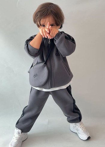 Gri unisex Çocuk Fermuarlı Sweatpant Takımı - Görsel 3