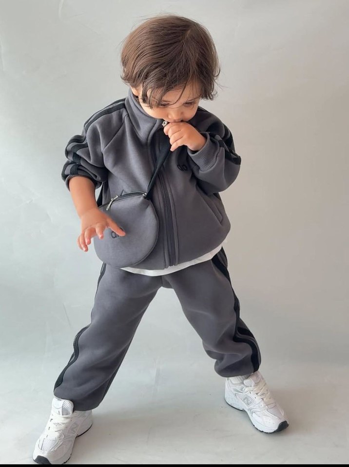 Gri unisex Çocuk Fermuarlı Sweatpant Takımı - Görsel 4