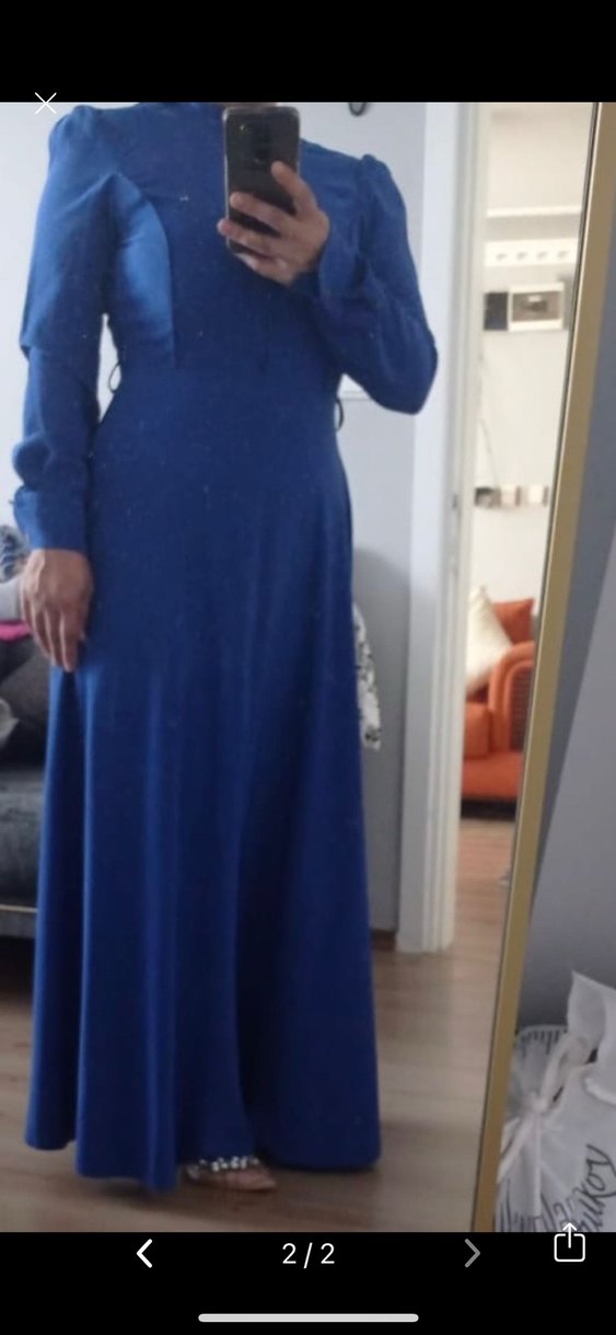 Uzun Kollu Mavi V Yaka Salaş Elbise - Görsel 2