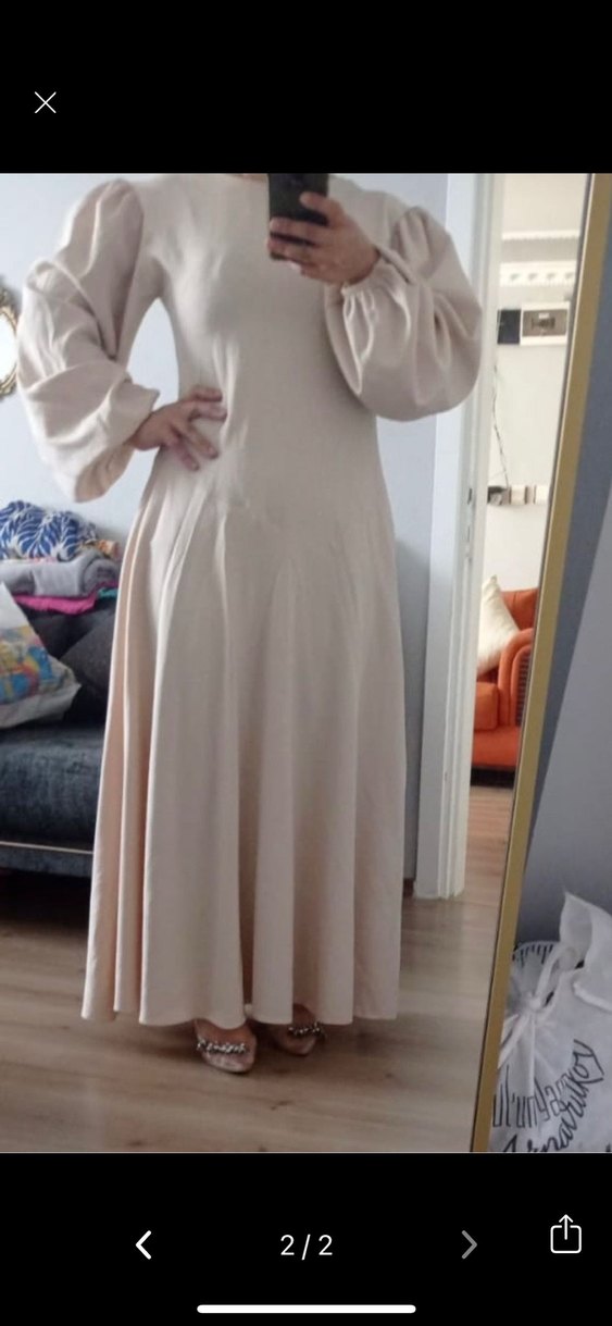 Bej Keten Uzun Kollu Salaş Elbise - Görsel 2