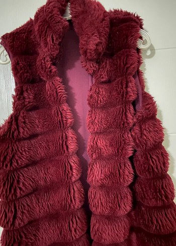 l Beden Bordo Peluş Detaylı Uzun Yelek