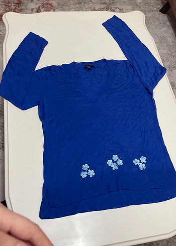 Mavi Nakışlı Triko Hamile Bluzu - Görsel 2