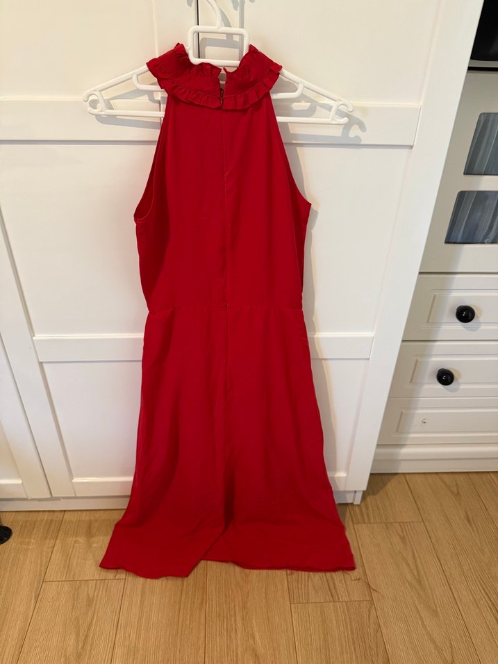 Kolsuz Abiye Elbise Uzun Kırmızı Drapeli - Görsel 2