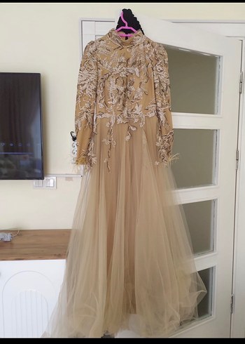 Bej Nakışlı Uzun Kollu Abiye Elbise - Görsel 2