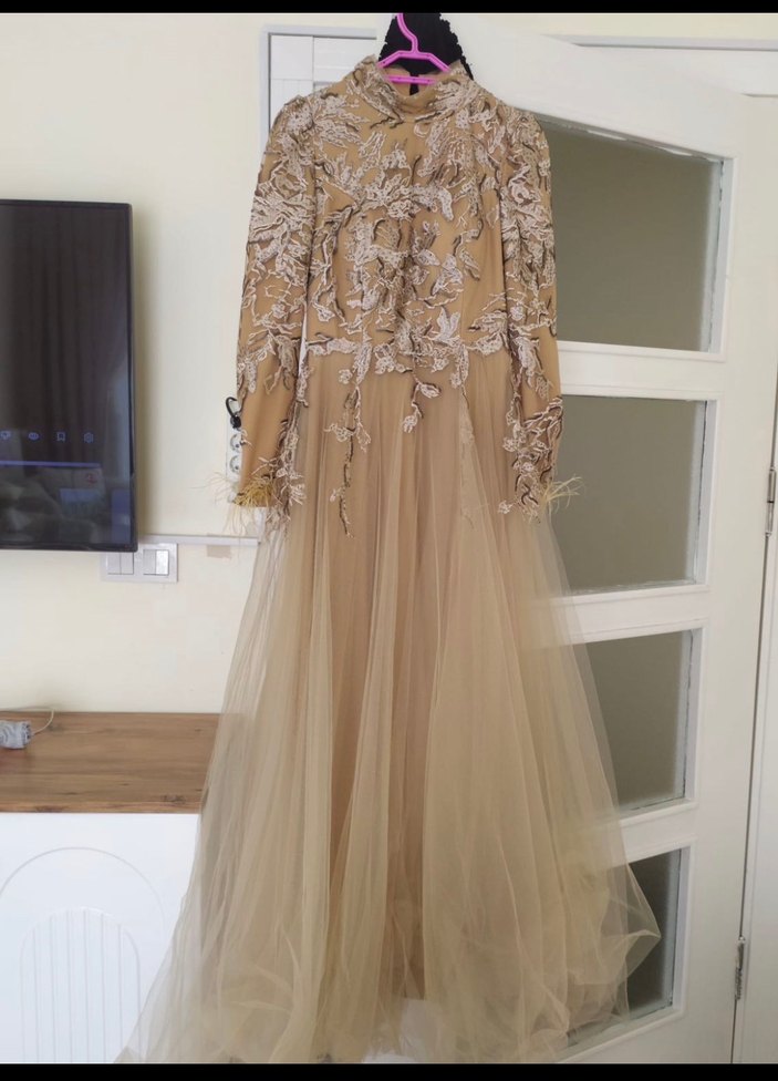 Bej Nakışlı Uzun Kollu Abiye Elbise - Görsel 3