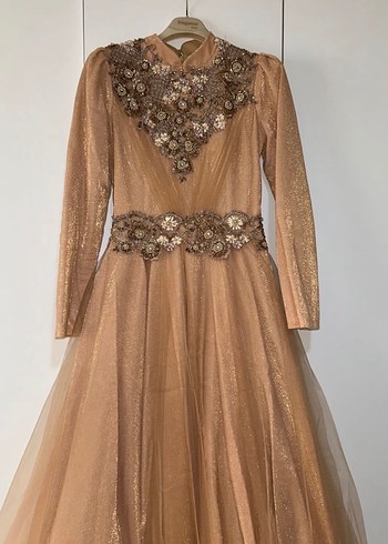 Bej Uzun Kollu Drapeli Vintage Abiye Elbise - Görsel 2