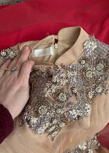 Bej Uzun Kollu Drapeli Vintage Abiye Elbise - Görsel 8