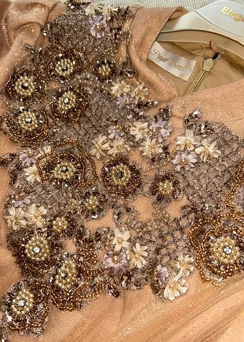 Bej Uzun Kollu Drapeli Vintage Abiye Elbise - Görsel 4