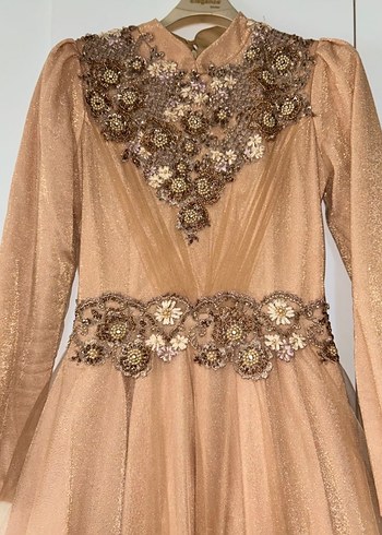 Bej Uzun Kollu Drapeli Vintage Abiye Elbise - Görsel 3