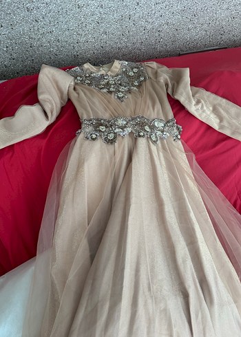 Bej Uzun Kollu Drapeli Vintage Abiye Elbise - Görsel 5