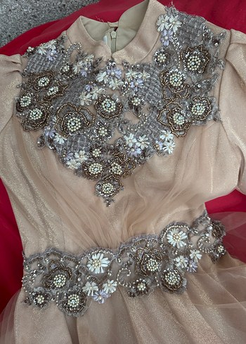 Bej Uzun Kollu Drapeli Vintage Abiye Elbise - Görsel 6