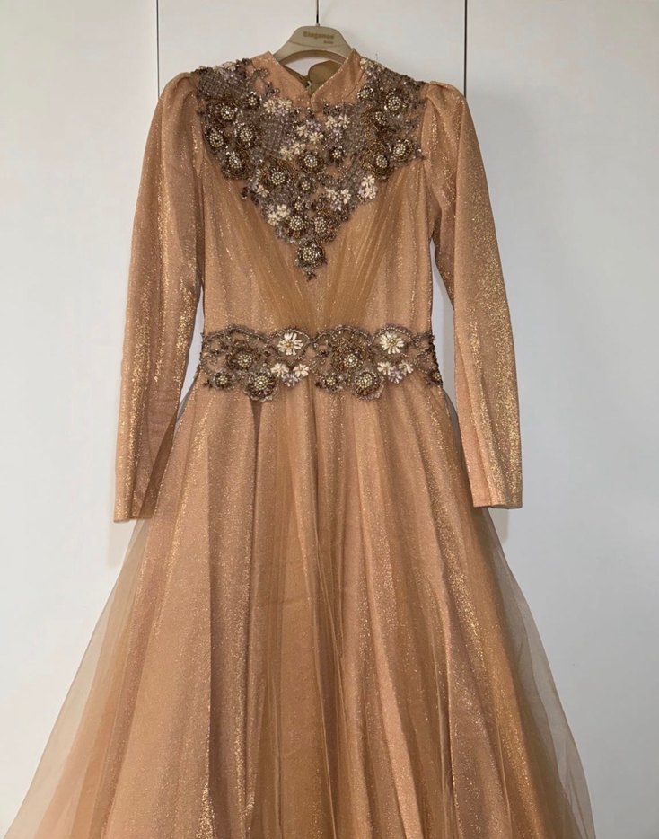 Bej Uzun Kollu Drapeli Vintage Abiye Elbise - Görsel 2