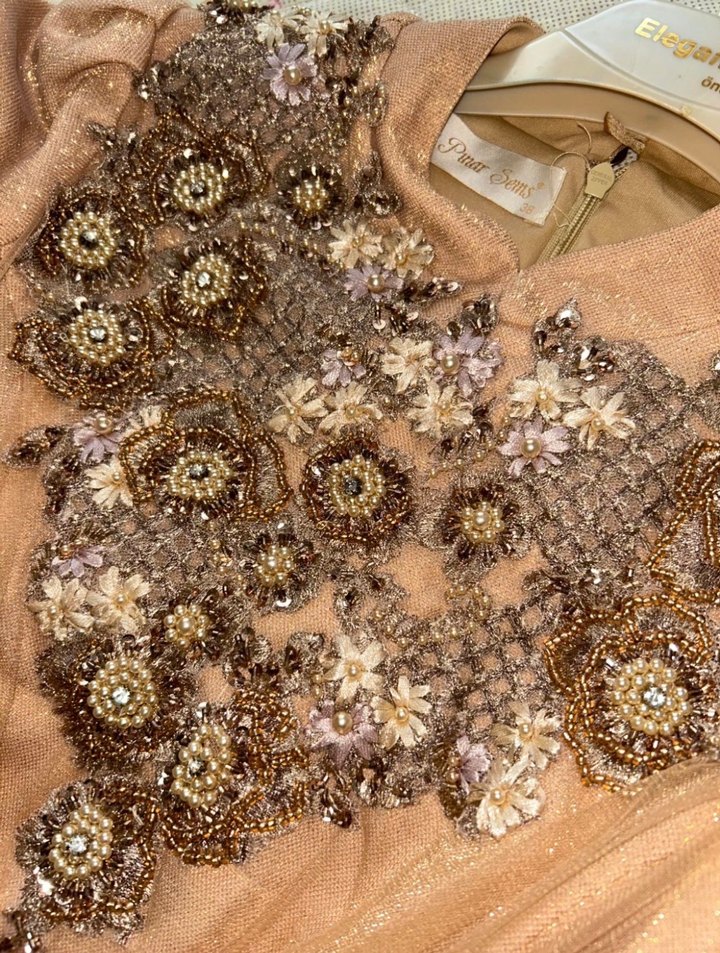 Bej Uzun Kollu Drapeli Vintage Abiye Elbise - Görsel 4