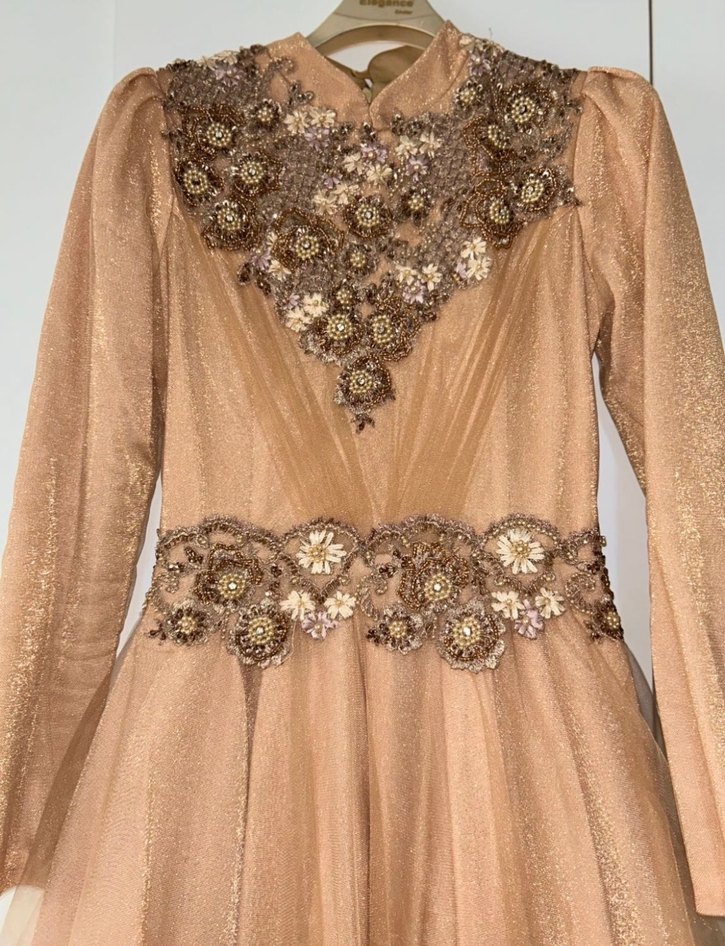 Bej Uzun Kollu Drapeli Vintage Abiye Elbise - Görsel 3