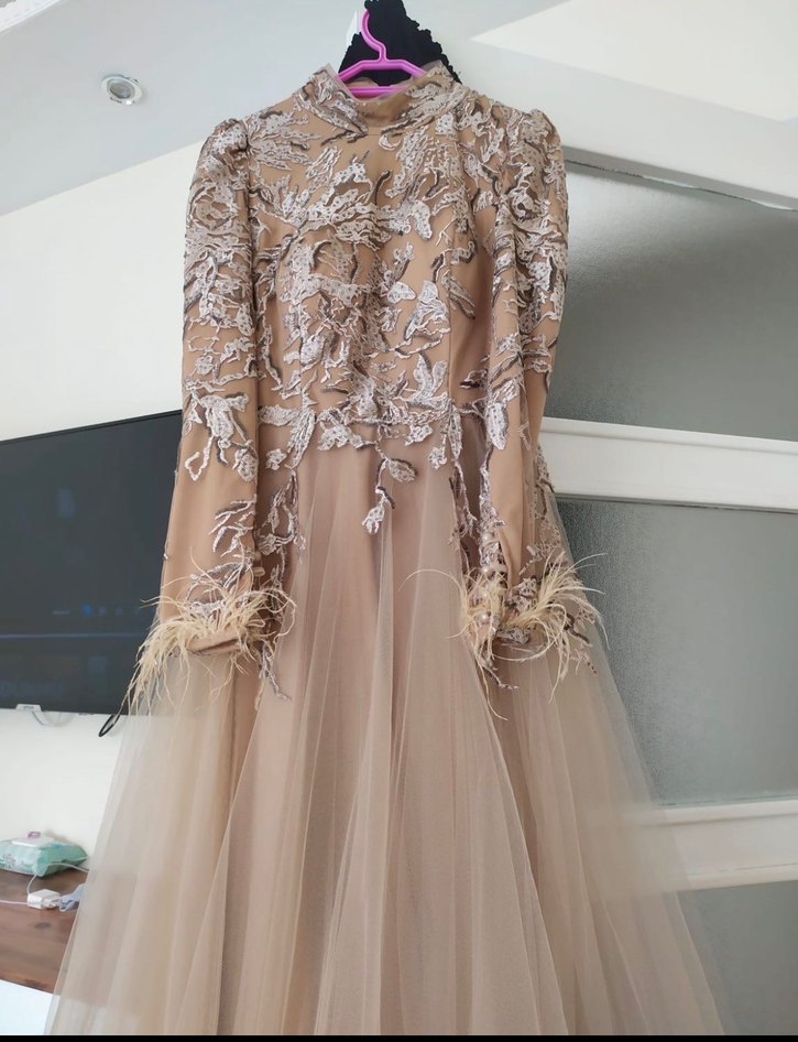 Bej İşlemeli Uzun Kollu Uzun Abiye Elbise - Görsel 3