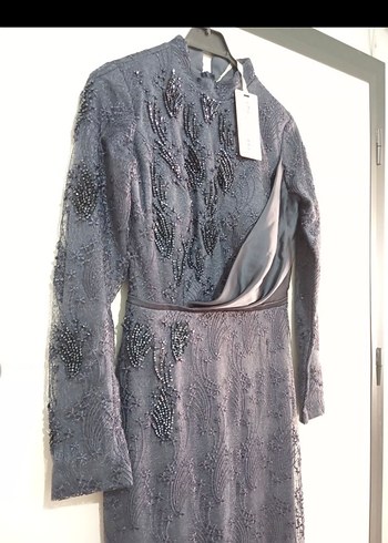 Uzun Kollu Siyah Nakışlı Kadın Abiye Elbise - Görsel 9