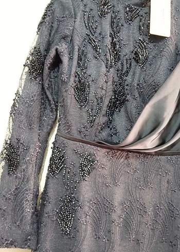 Uzun Kollu Siyah Nakışlı Kadın Abiye Elbise - Görsel 7