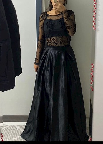 Dantel Detaylı Uzun Siyah Gotik Abiye Elbise - Görsel 2