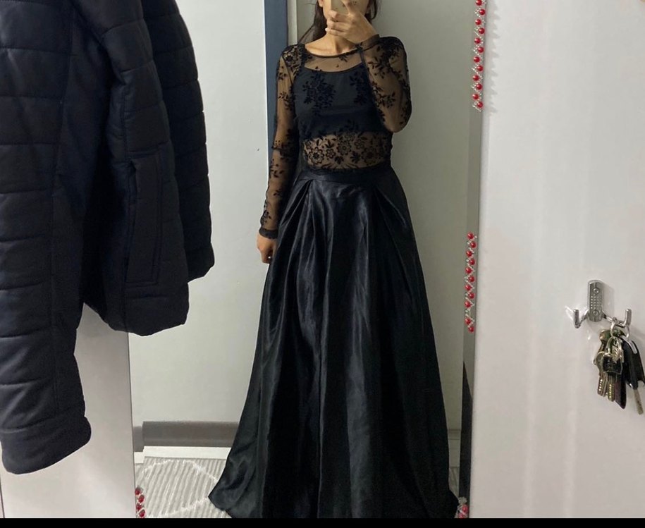 Dantel Detaylı Uzun Siyah Gotik Abiye Elbise - Görsel 2