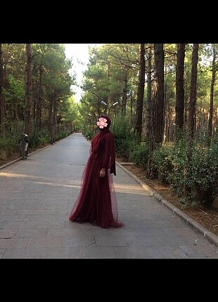 Bordo Tesettür Tül Abiye 