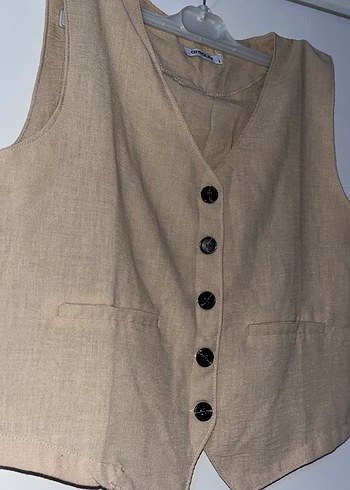 Bej Keten Düğmeli Kadın Yelek - Görsel 2