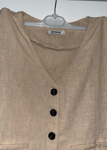 Bej Keten Düğmeli Kadın Yelek - Görsel 3