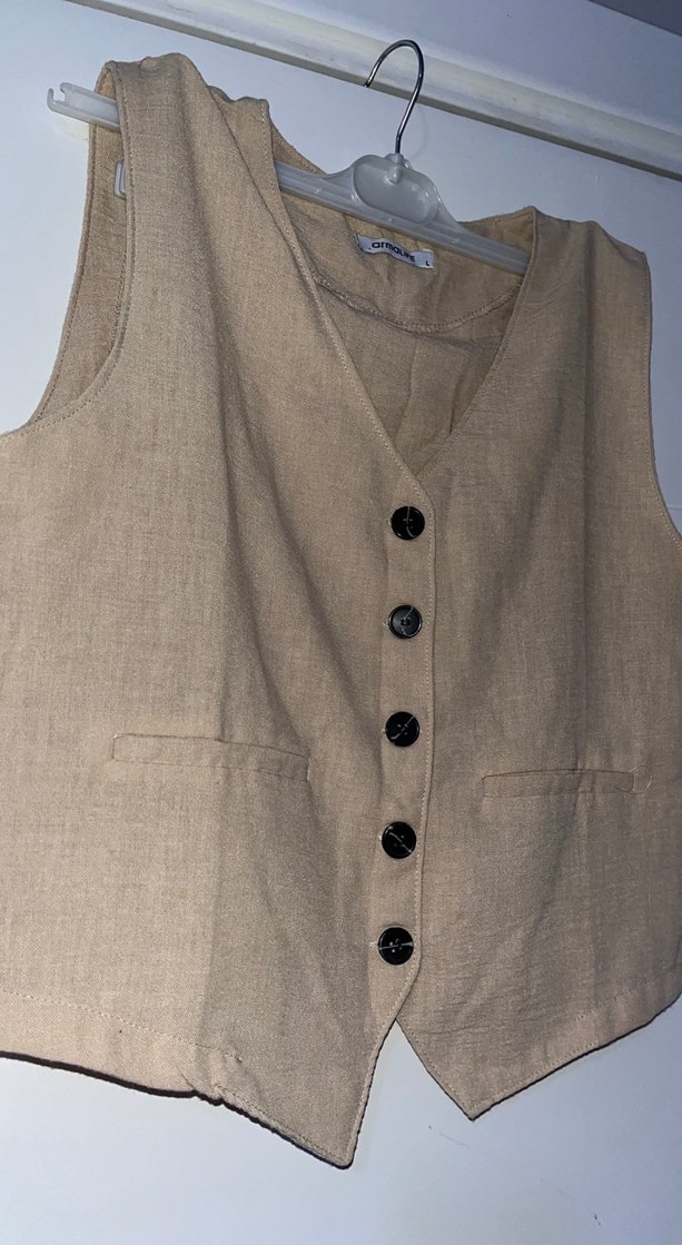 Bej Keten Düğmeli Kadın Yelek - Görsel 2