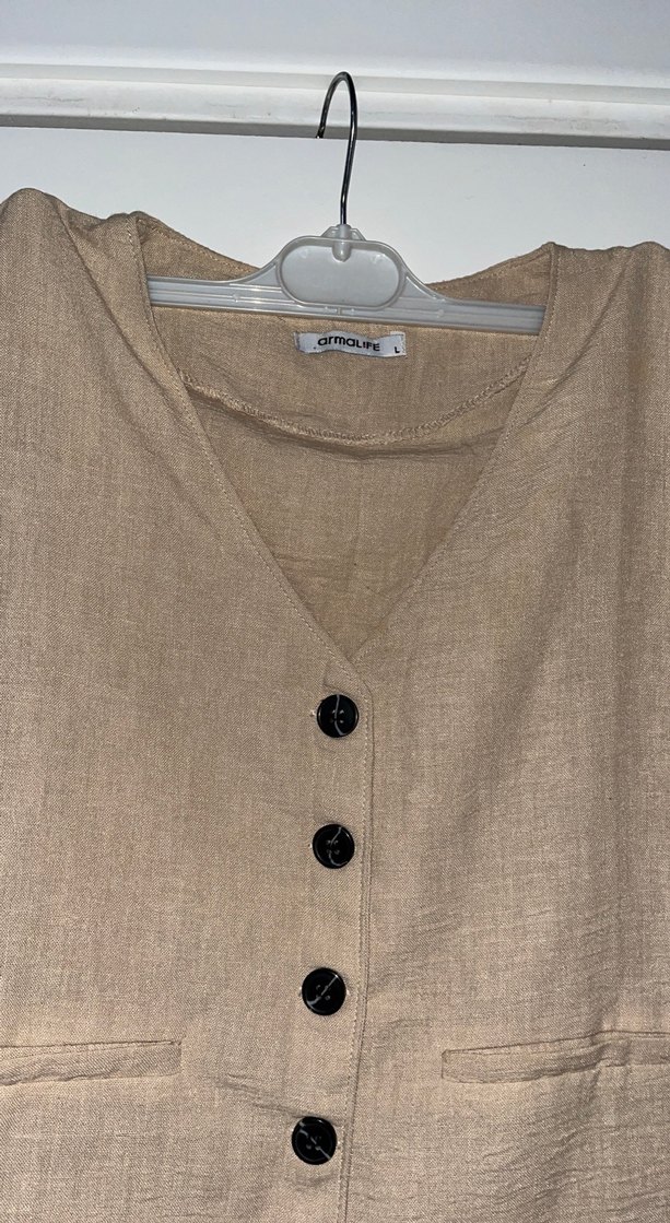 Bej Keten Düğmeli Kadın Yelek - Görsel 3