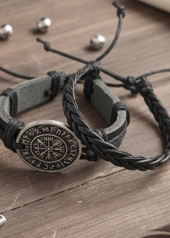 Pusula Vegvisir Tasarımlı 2'li Hakiki Deri Bileklik - Görsel 3