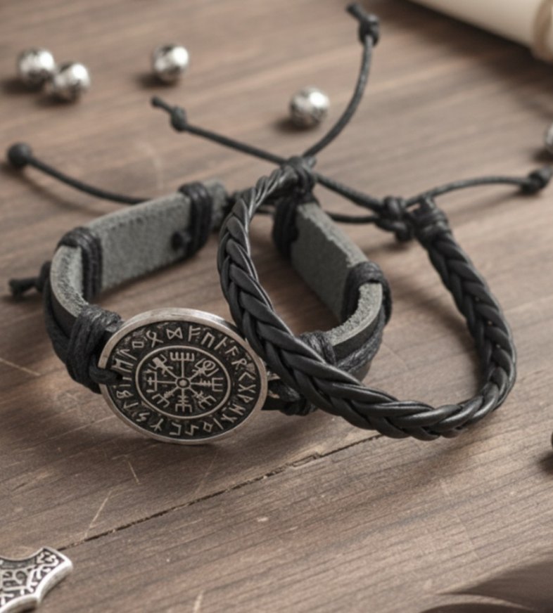 Pusula Vegvisir Tasarımlı 2'li Hakiki Deri Bileklik - Görsel 3