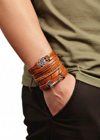 Balta Ve Yaşam Ağacı Tasarım Taba 5'li Hakiki Deri Bileklik - Görsel 2