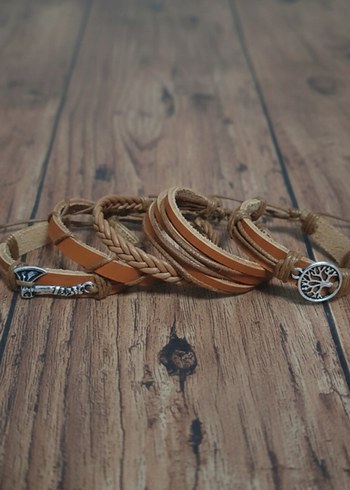 Balta Ve Yaşam Ağacı Tasarım Taba 5'li Hakiki Deri Bileklik - Görsel 3