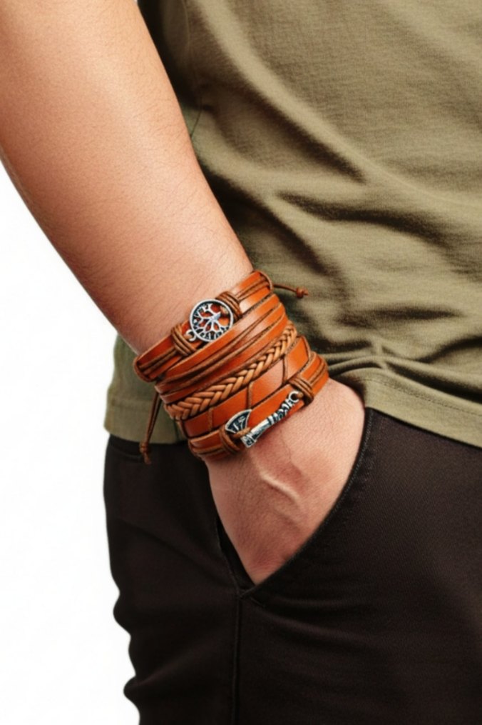 Balta Ve Yaşam Ağacı Tasarım Taba 5'li Hakiki Deri Bileklik - Görsel 2