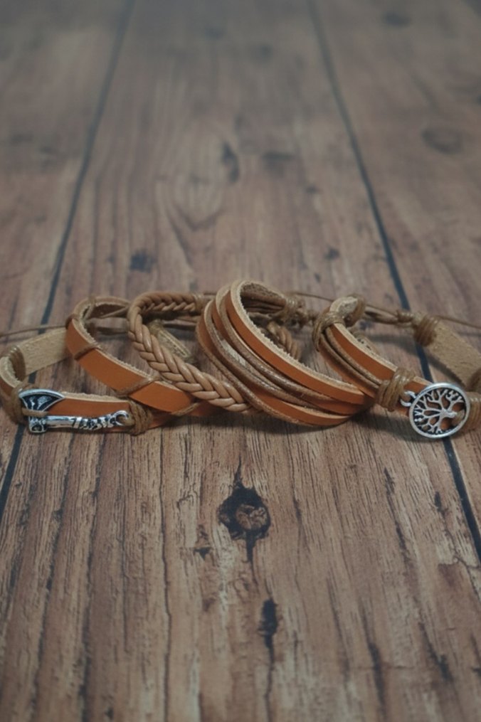 Balta Ve Yaşam Ağacı Tasarım Taba 5'li Hakiki Deri Bileklik - Görsel 3