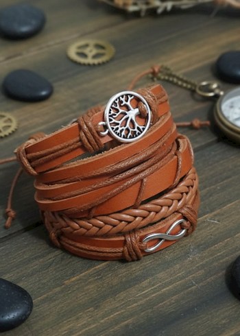 Sonsuzluk Ve Hayat Ağacı Tasarım Taba 5'li Hakiki Deri Bileklik - Görsel 2