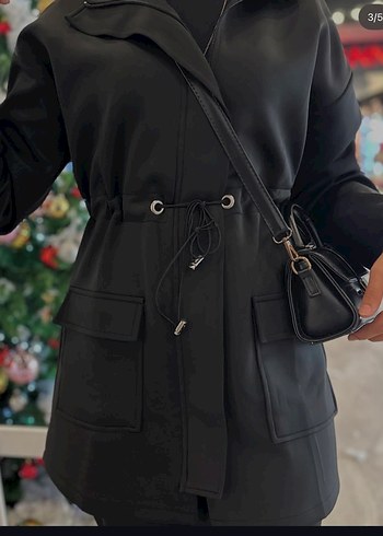 Kadın Siyah Deri Kamuflaj Desenli Kemerli Uzun Ceket - Görsel 3