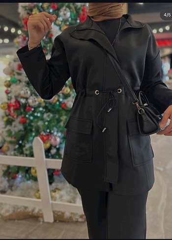 Kadın Siyah Deri Kamuflaj Desenli Kemerli Uzun Ceket - Görsel 2