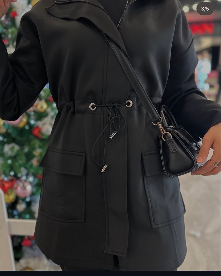 Kadın Siyah Deri Kamuflaj Desenli Kemerli Uzun Ceket - Görsel 3