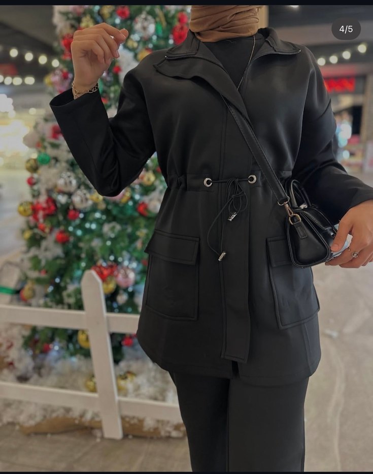 Kadın Siyah Deri Kamuflaj Desenli Kemerli Uzun Ceket - Görsel 2