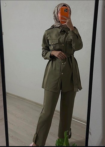 Kadın Haki Kuşaklı Uzun Ceket ve Pantolon Takımı - Görsel 2