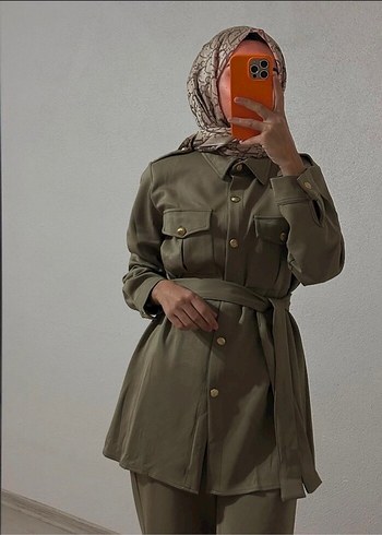 Kadın Haki Kuşaklı Uzun Ceket ve Pantolon Takımı - Görsel 3