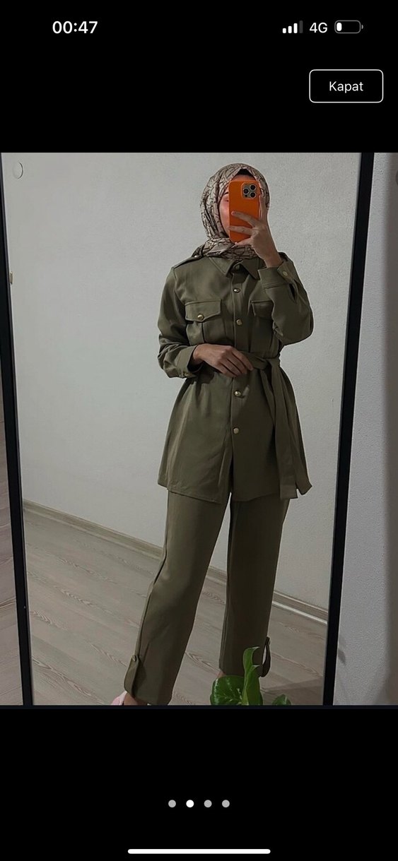 Kadın Haki Kuşaklı Uzun Ceket ve Pantolon Takımı - Görsel 2