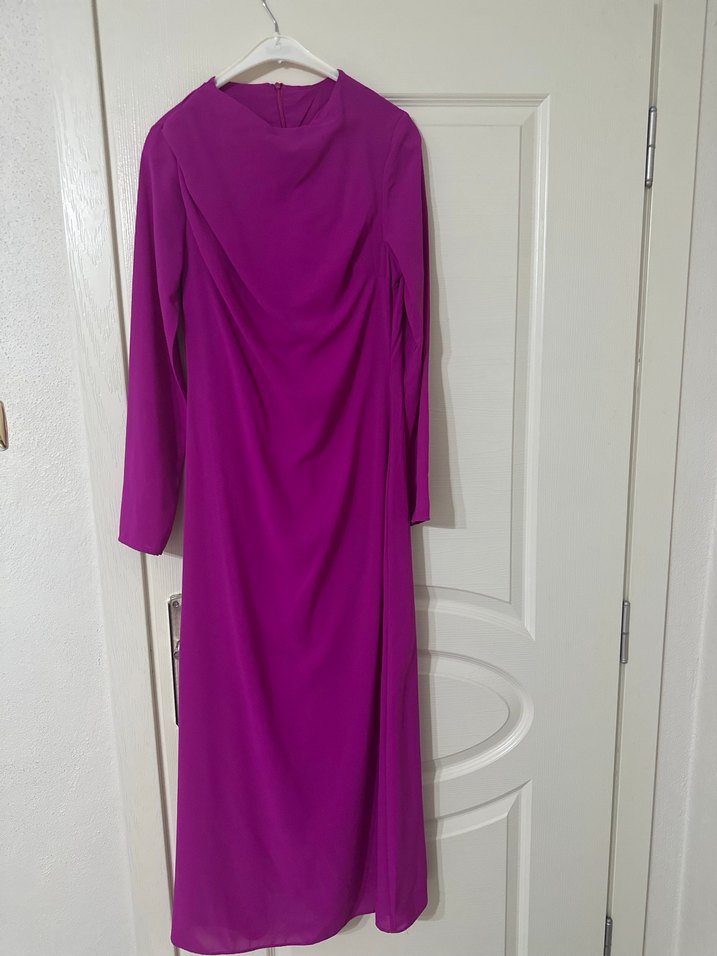 Drapeli Uzun Mor Kadın Elbise - Görsel 4