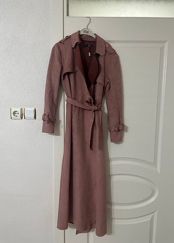 Bordo Kadın Süet Kuşaklı Uzun Trençkot - Görsel 2