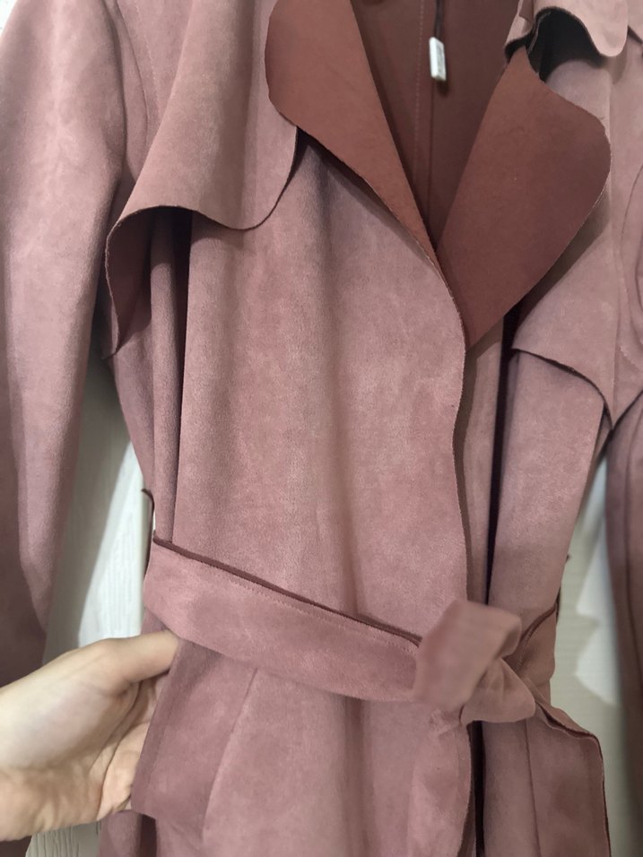 Bordo Kadın Süet Kuşaklı Uzun Trençkot - Görsel 5