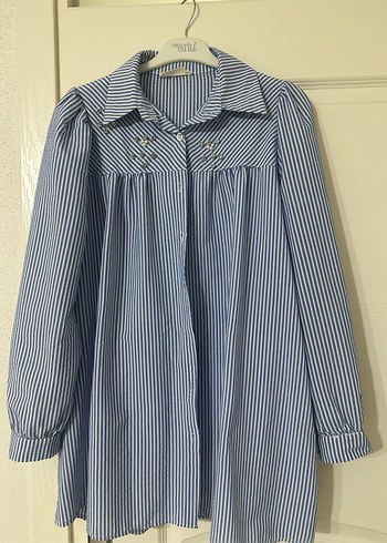 Mavi Çizgili Uzun Kollu Keten Gömlek - Görsel 3