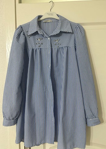 Mavi Çizgili Uzun Kollu Keten Gömlek - Görsel 2